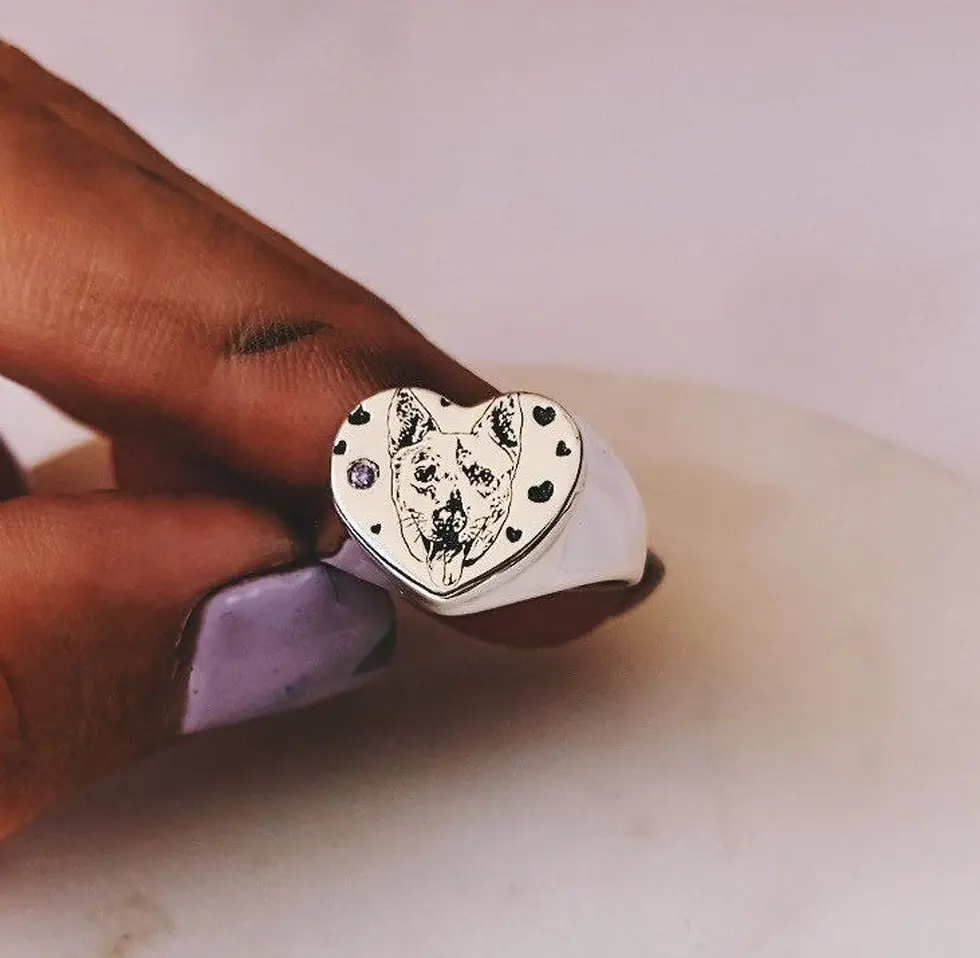 Thumbnail: Pet portrait signet ring , CUSTOM Pet portrait 925 sterling silver signet ring