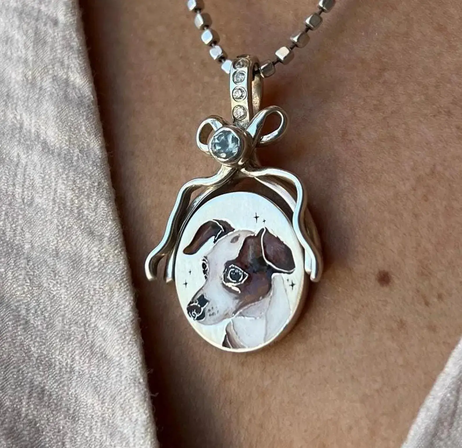Custom colorised handpainted Pet portrait with gemstone ribbon oval 925 sterling