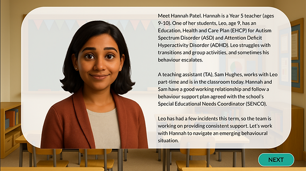 Image of an AI-generated teacher with a text description of a SEND scenario