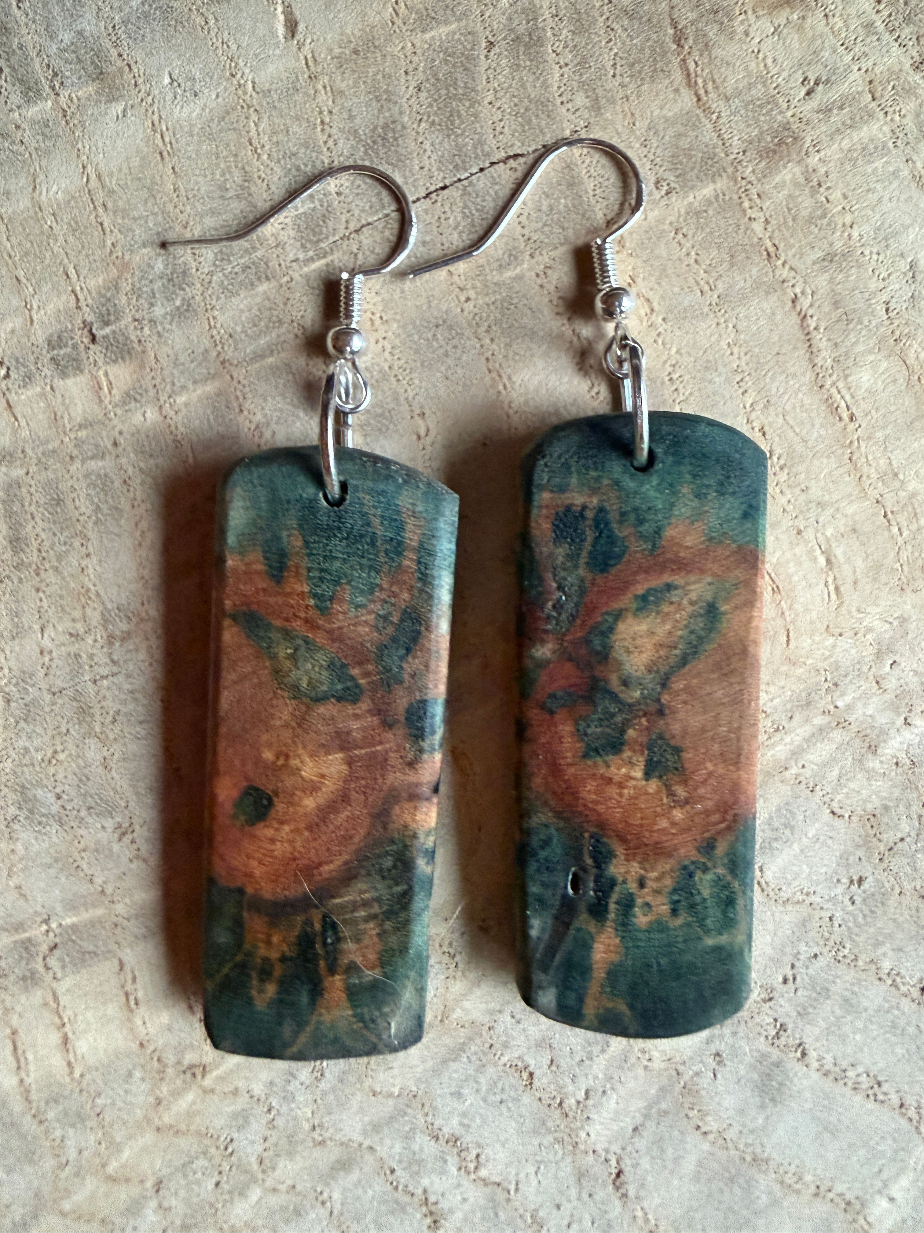 Green mushroom stained wood earrings
