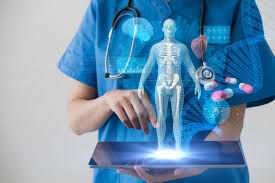 Surrounding the doctor are floating holographic icons, each representing different aspects of functional medicine.
