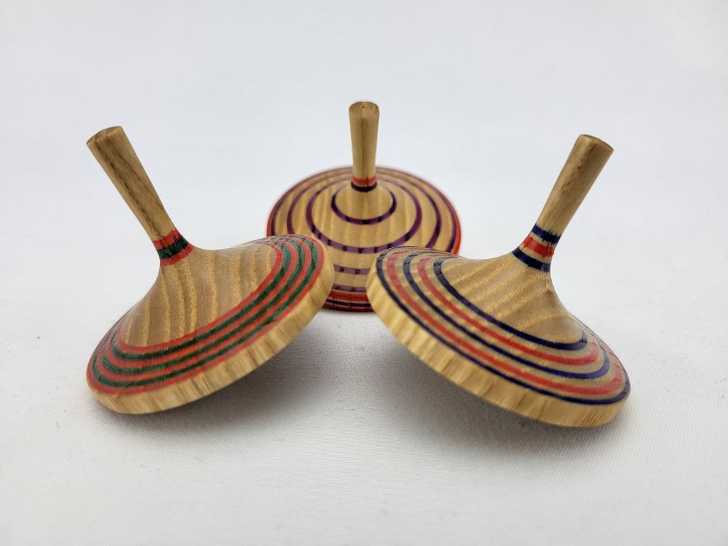 Handmade Wooden Spinning Tops – Detailed Line Design Set of 3