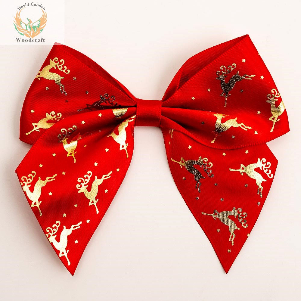 10cm Satin Bows Christmas Reindeer Red/Gold Foil 6 pcs