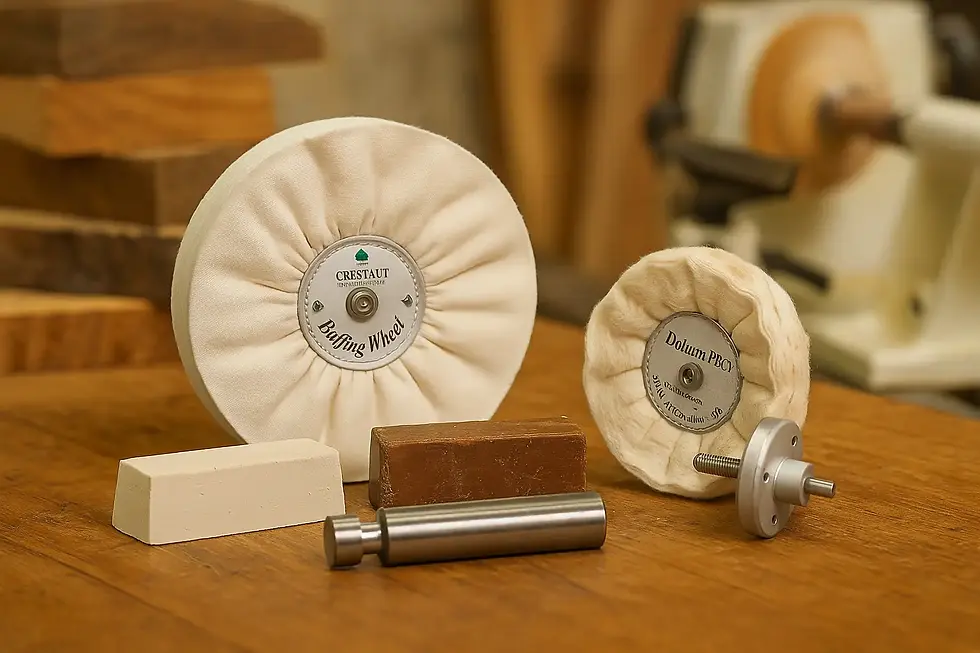 Chestnut Products buffing and polishing kit displayed on a wooden workbench with a woodturning lathe blurred in the background.