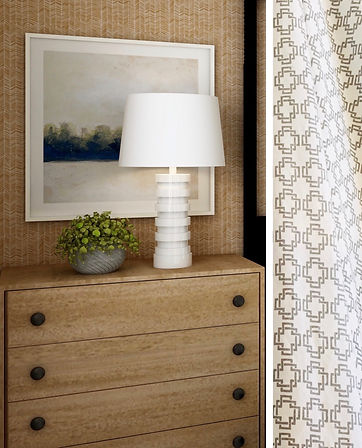Stylish wallpaper, wall art, sideboard and lamp with neutral geometric curtain fabric