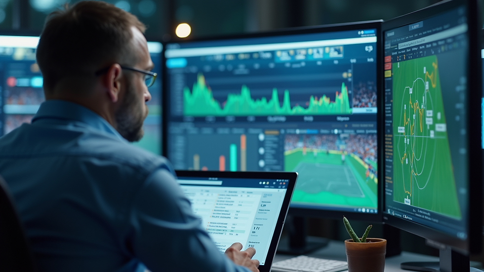 Eye-level view of a sports analyst reviewing game statistics