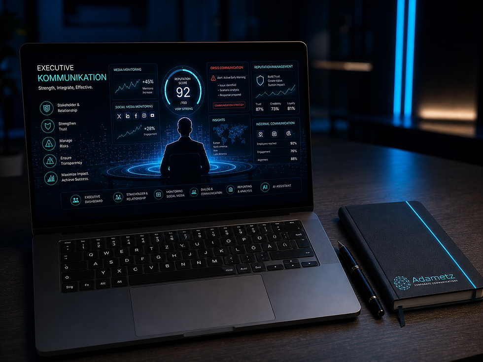 Laptop mit Dashboard zur Executive Communications & C-Level-Beratung.