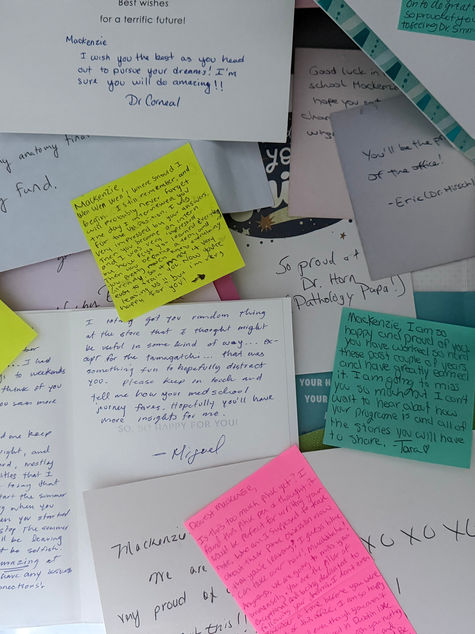 Pile of colorful handwritten greeting cards and sticky notes congratulating Mackenzie, with messages of support and good wishes.