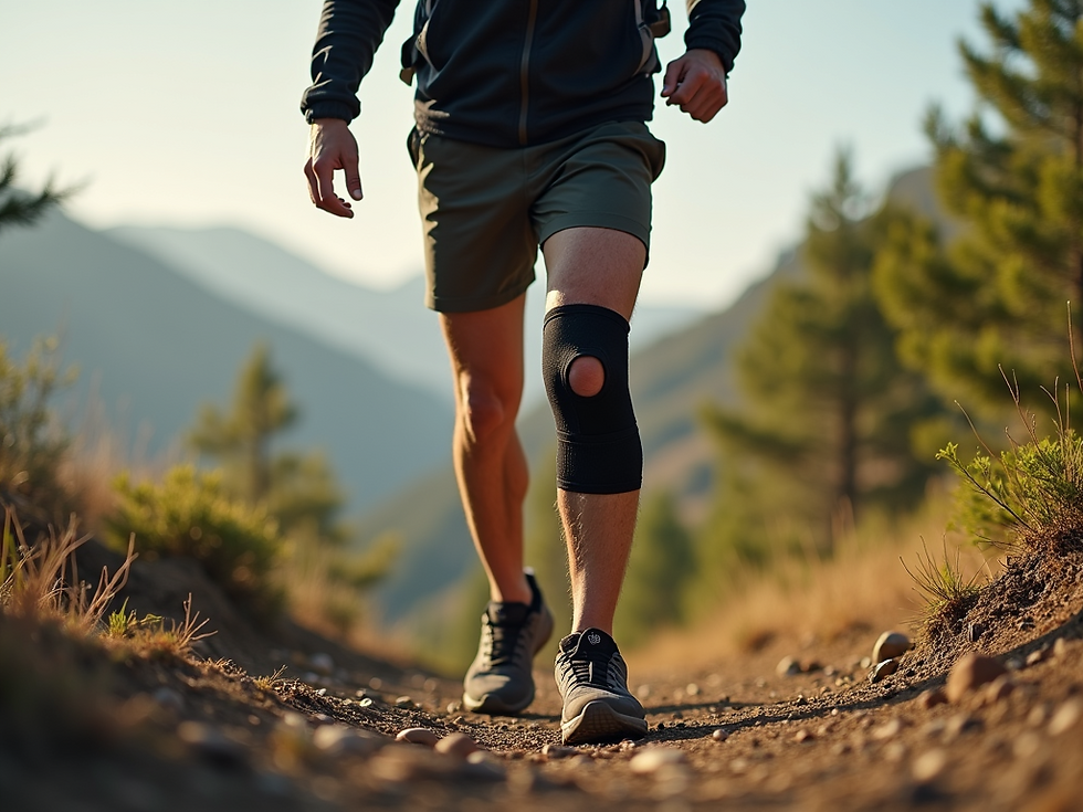 Person with knee brace hiking on a rocky trail. Wearing athletic gear, surrounded by trees and mountains. Sunlit, adventurous mood.