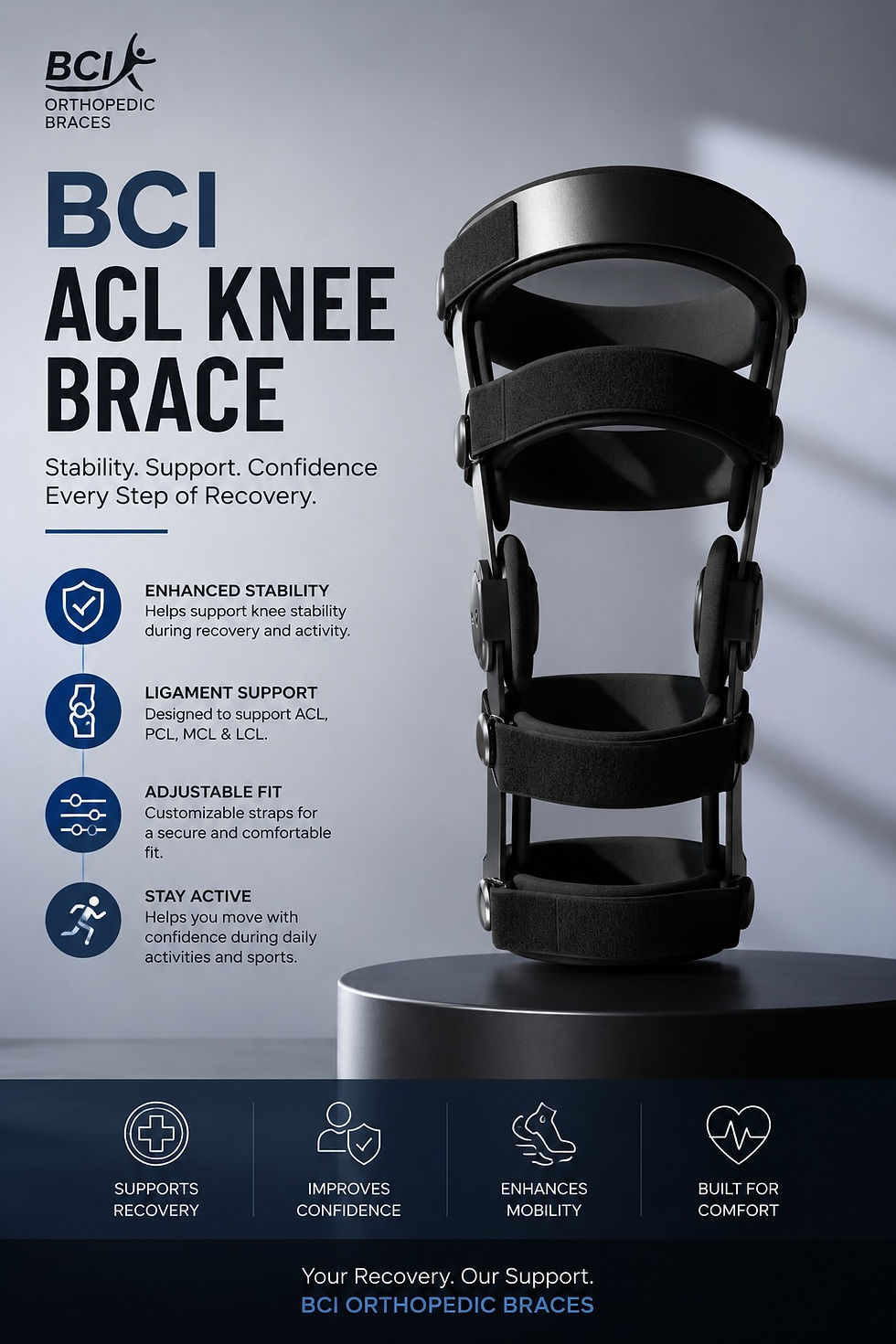 Thumbnail: BCI ACL knee brace for ligament injury support, knee stability, ACL recovery, sports rehabilitation, and active mobility