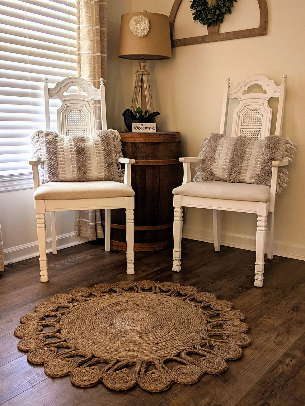 Pretty Wood Chairs | Bohemian Jute Rug | Barrel