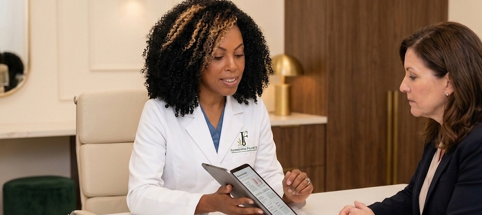 Junon Serrano discussing non-surgical hair replacement options with a client at Flourishing Follicle.