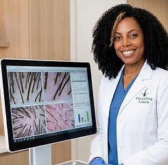 Junon Serrano reviewing scalp imaging during a trichology consultation at Flourishing Follicle.