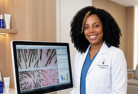Junon Serrano reviewing digital scalp imaging for a client at Flourishing Follicle.
