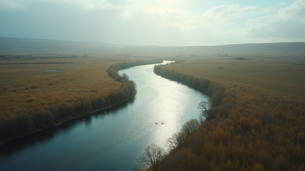 High angle view of a serene landscape with a winding river