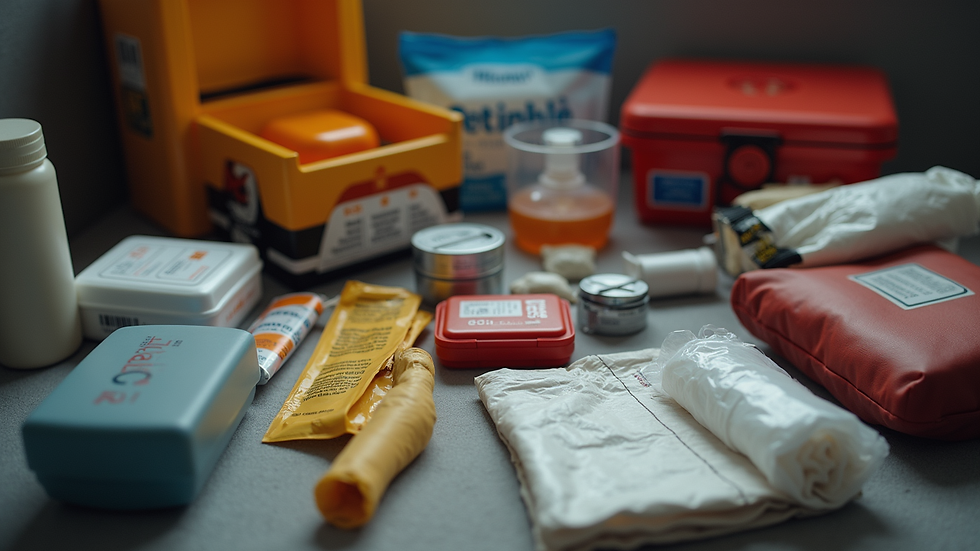 Eye-level view of an emergency preparedness kit with essential supplies