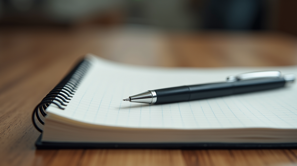 Close-up of a notebook with notes and a pen on a wooden table