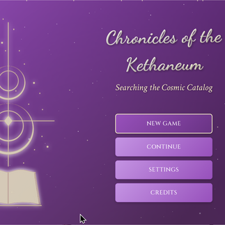 Title screen for Chronicles of the Kethaneum, showing a purple cosmic background with floating stars, a glowing open book, and abstract celestial symbols. Menu options for New Game, Continue, Settings, and Credits appear on the right.
