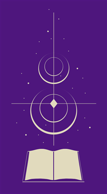 Open book below geometric celestial design with circles and lines on a purple background, creating a mystical and serene mood.