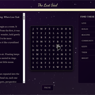 Puzzle gameplay screen in Chronicles of the Kethaneum showing a word-search puzzle integrated with narrative text. The screen displays a story excerpt on the left, a letter grid in the center where words are selected, and a list of target words on the right, all set against a purple, star-filled background.
