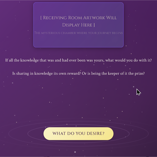 Cutscene screen in Chronicles of the Kethaneum, featuring a purple cosmic background, philosophical questions about knowledge and sharing, and a prominent button labeled ‘What Do You Desire?’