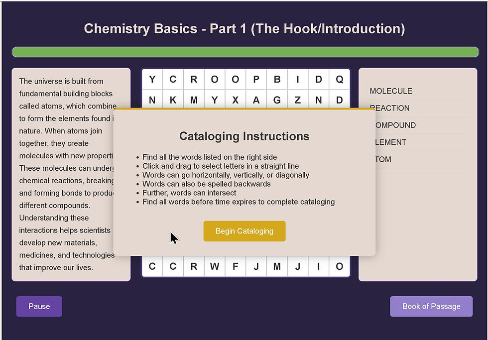 A book themed word search game featuring a book excerpt section alongside a traditional word sear. In front of the word search grid, there is a panel that displays instructions for playing the game.