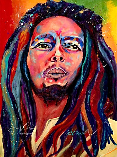 Reggae, Bob Marley, Leticia V. Rizo artist, acrylic, bold, colorful, rasta man, fighter for our people
