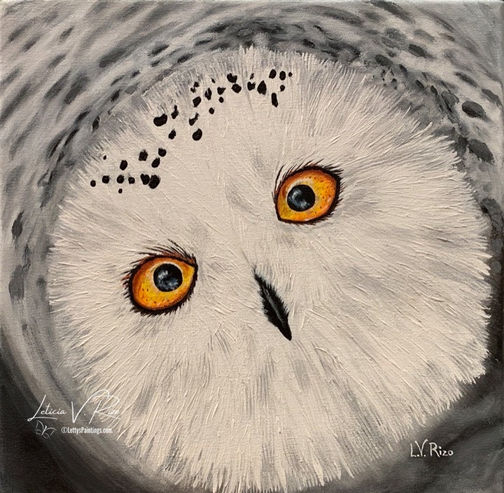 snowy owls, snowy owlet, curious, tenderness, palette knife acrylic, Leticia V. Rizo artist