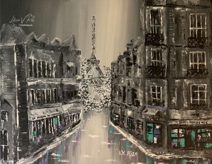 acrylic painting, Eiffel Tower, traveling, Paris, France, spring rain, old school buildings, Leticia V. Rizo artist