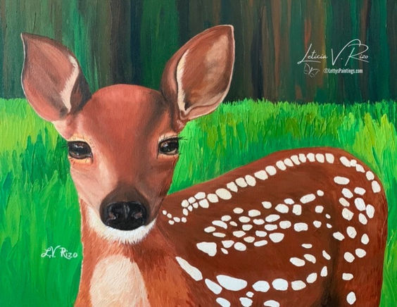 tenderness, fawn, grassland, big eyes, acrylic palette, Leticia V. Rizo artist
