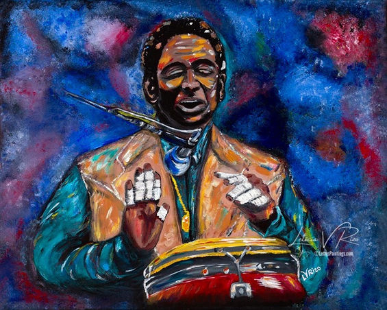 Mongo Santamaria, Jose Rizo's Mongorama, Leticia V. Rizo artist, congas, latin jazz, bold color
