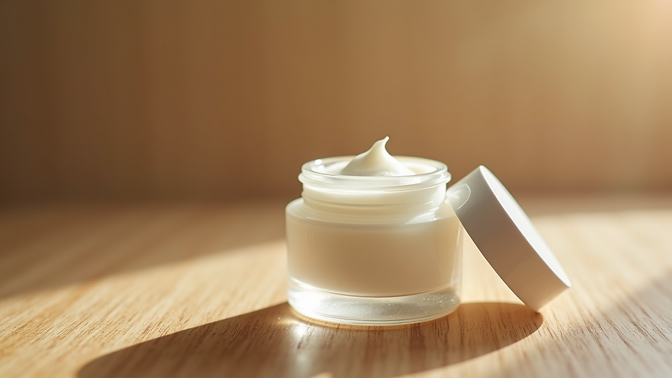 Close-up view of a jar of moisturizer on a wooden surface