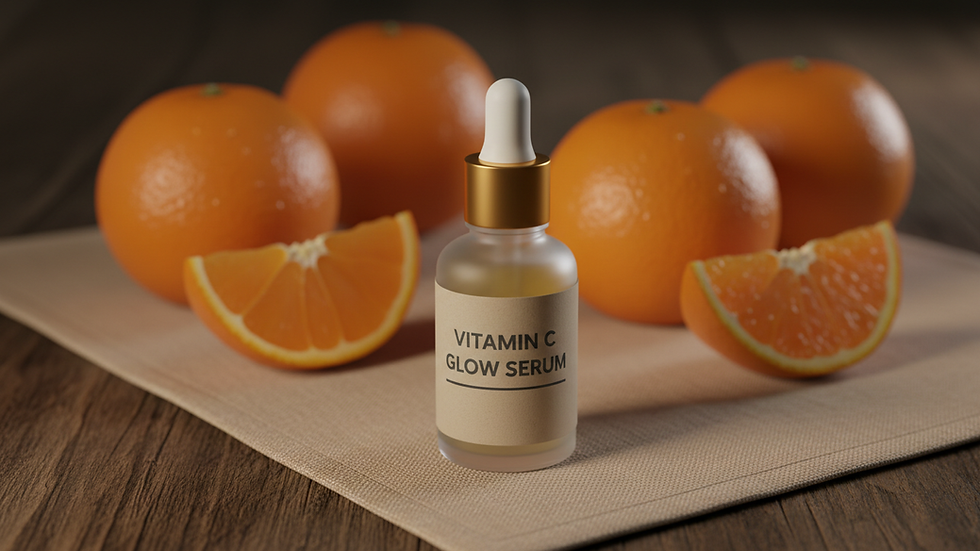 Eye-level view of vitamin C serum bottle with fresh oranges in the background