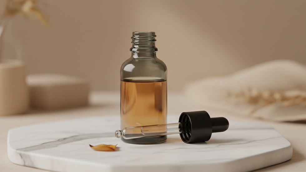 Close-up view of serum bottle with dropper on a white marble surface