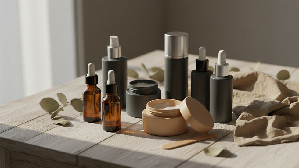 Close-up view of skincare products arranged on a wooden table with soft natural light