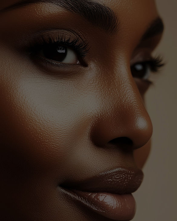 Beautiful black woman with clear, glowing skin featured in the Pamper Mom: Luxe Glow Experience at SurrealSkin Spa