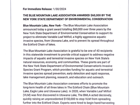 For Immediate Attention: Blue Mountain Lake Association Press Release on $60k Grant from NYS DEC