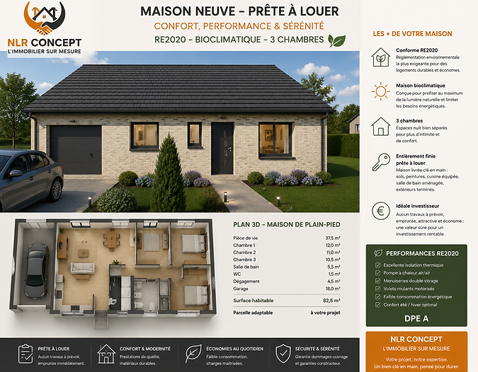 Maison individuelle neuve RE2020 livrée clé en main prête à louer pour investissement locatif.