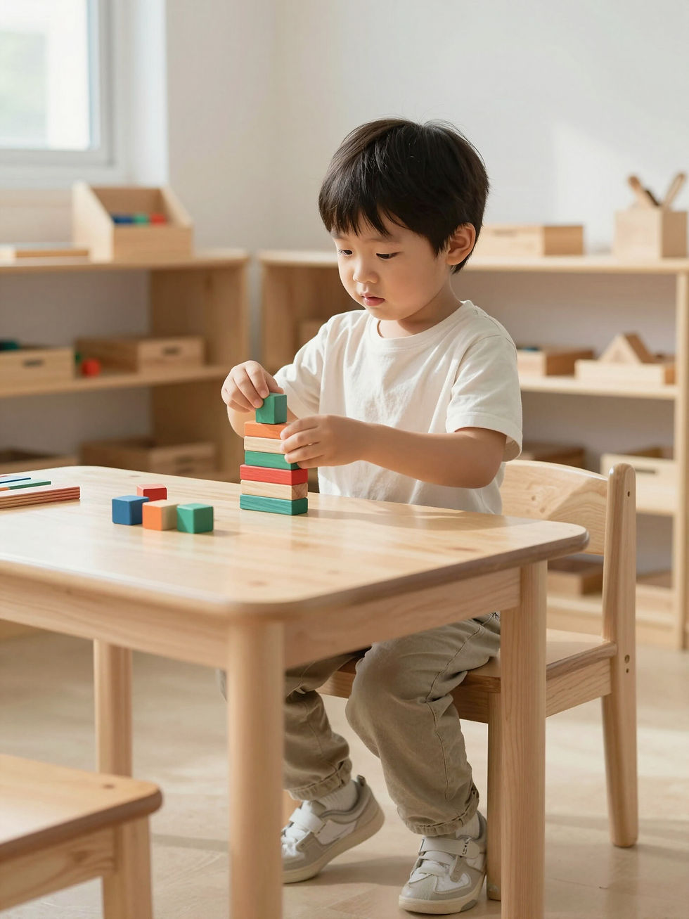 A young boy builds with blocks at Little Valley Montessori School.
