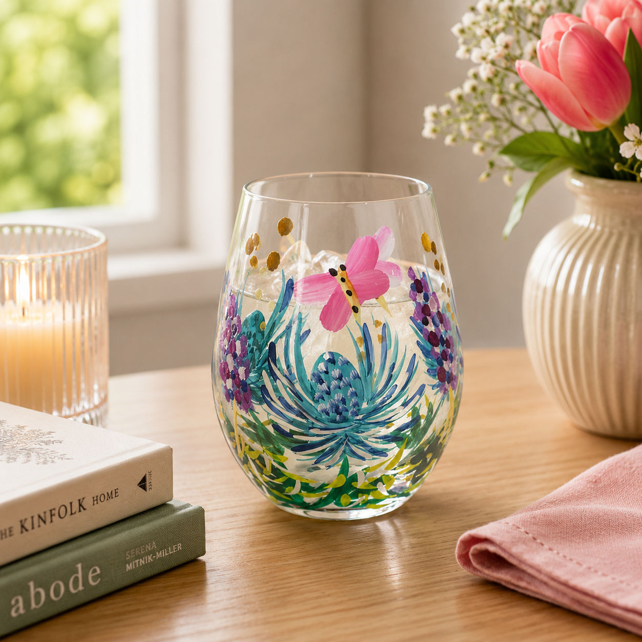 Thistles and Butteflies Stemless Glass - Hand Painted