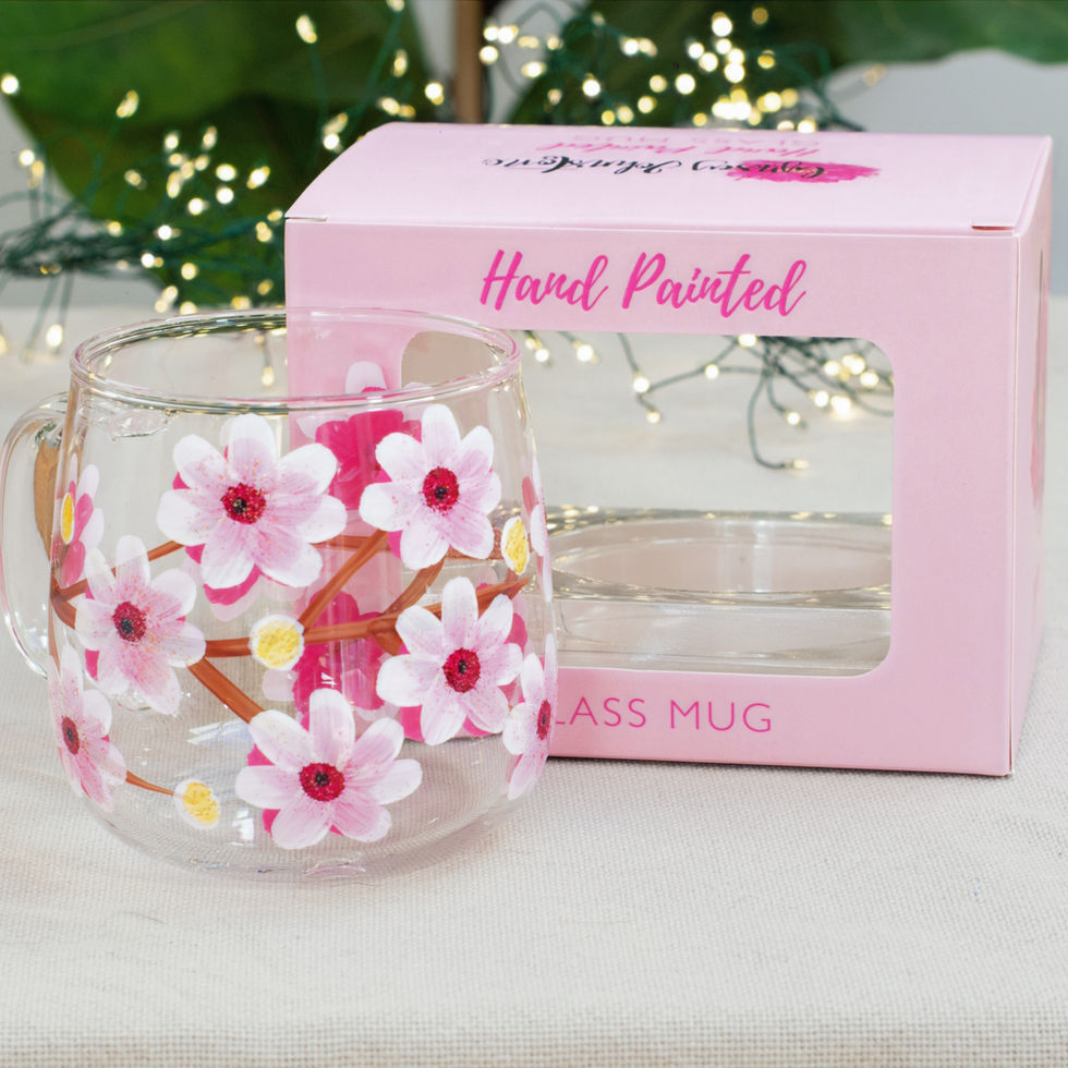 Cherry Blossom Flowers Hand Painted Glass Mug