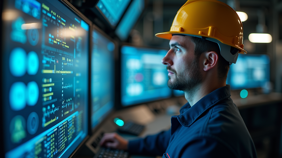 Close-up view of engineer monitoring digital control panel in oil and gas facility