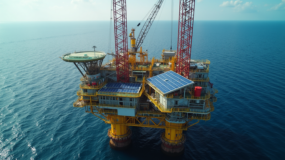 Eye-level view of offshore oil platform with solar panels installed