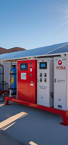 A wide shot of Solar powered water treatment packaged units with red accents and our YORA 