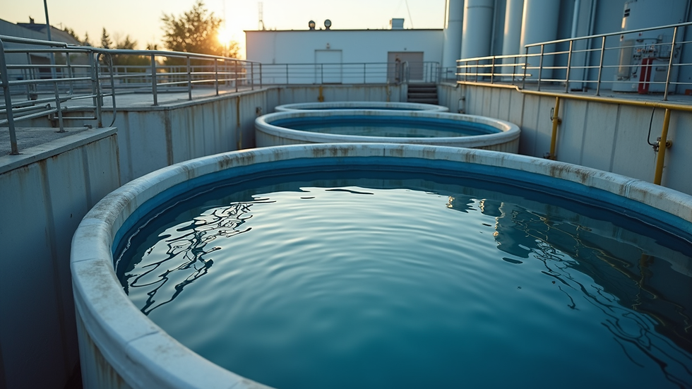 High angle view of industrial water treatment plant with modular filtration units