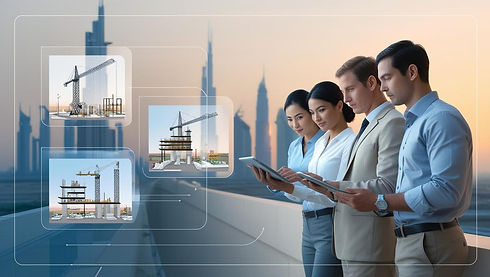 Modern infrastructure project schematic with transparent overlays, UAE skyline in the back