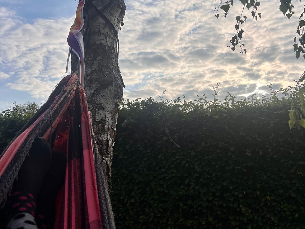 Fionn resting in a hammock beneath a cloudy sky