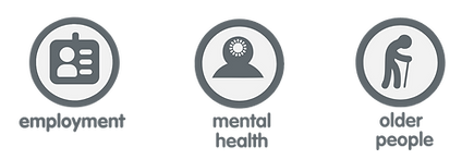 Grey icons representing different aspects of people's lives and needs, employment, mental health and older people.