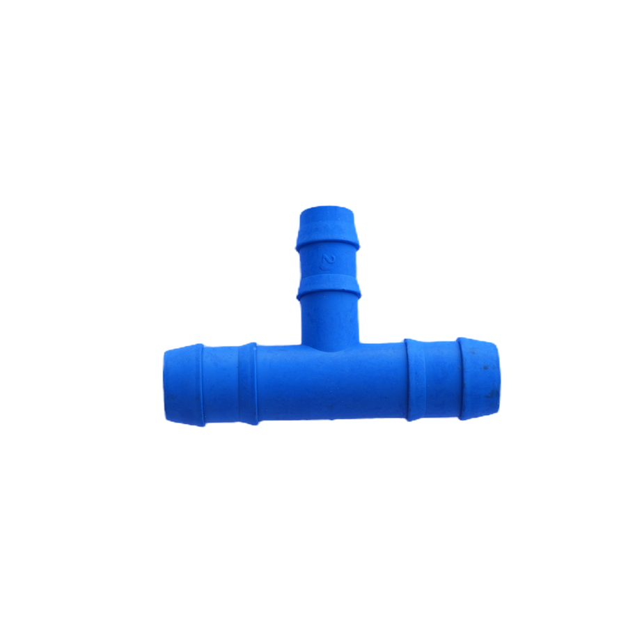 Blue plastic connector, 20 × 16 mm Tee for Drip Irrigation, isolated on black background.