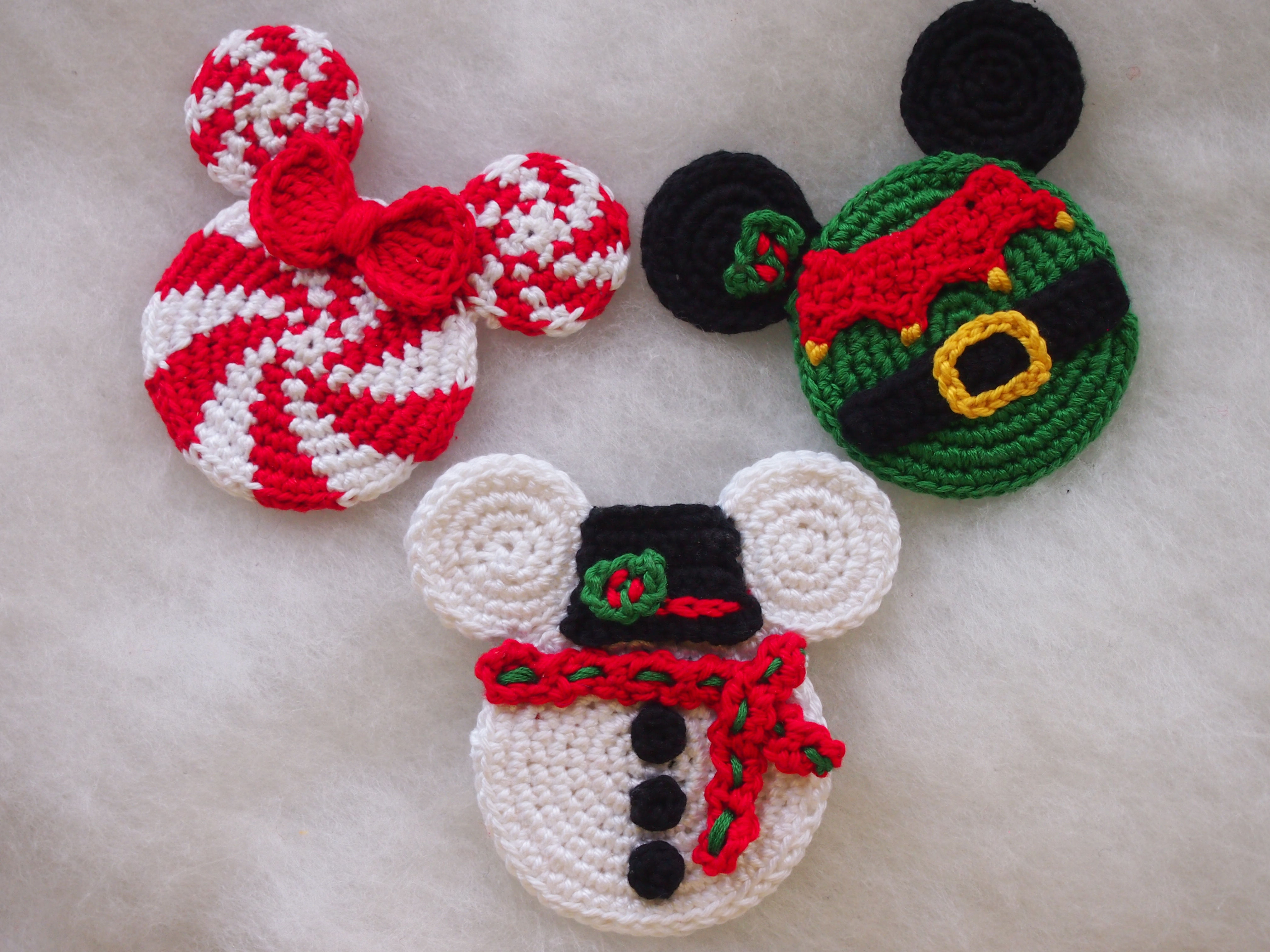 Mickey and Minnie Christmas Ornaments Crochet patterns: Snowman, Elf and Candy